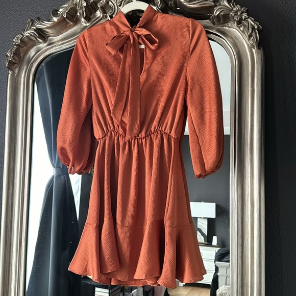 Vici Burnt Orange Quarter Length Sleeve Mini Dress with Bow Detail in Back - Picture 2 of 4